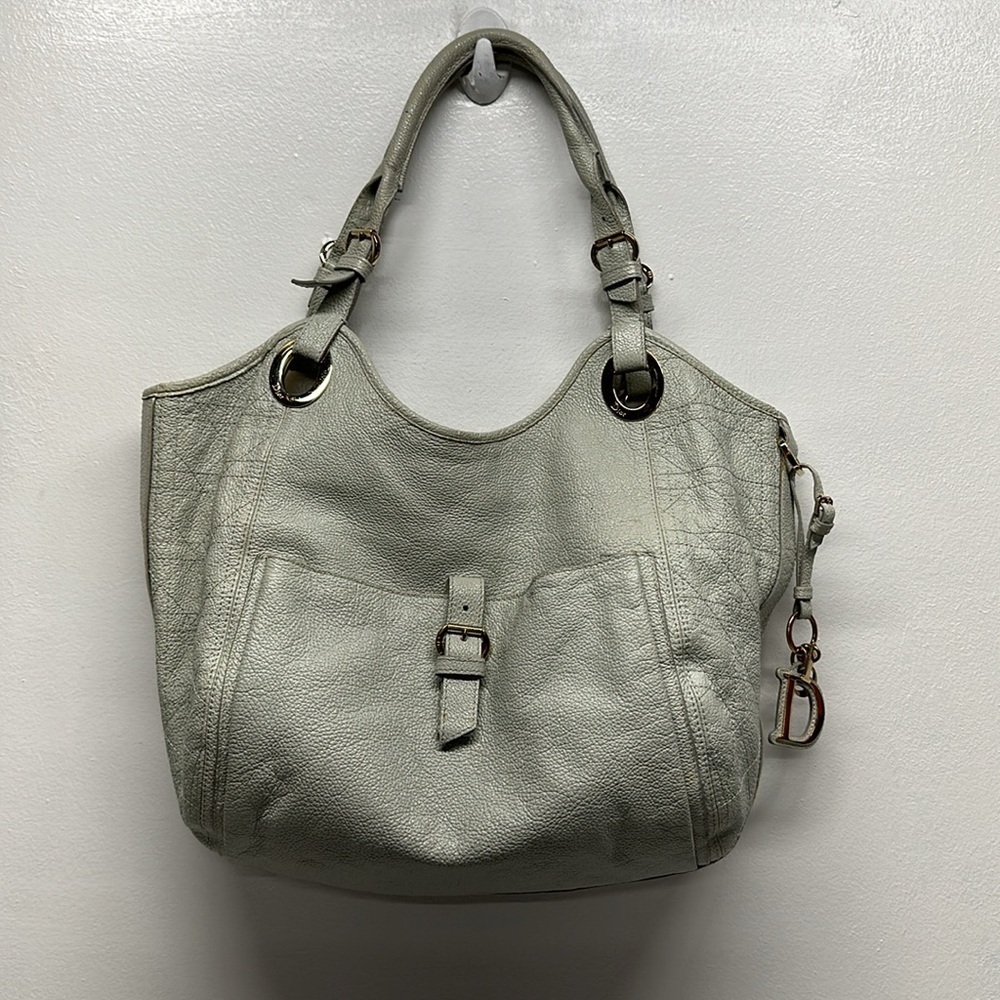 Dior Light Gray Leather Hobo Bag with D Charm